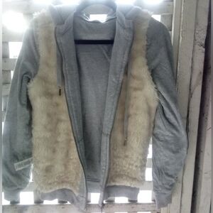 Y2K Juicy Couture Reversable Gray and Cream Faux Fur Sweat Jacket Hoodie